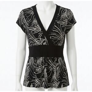 Susan Lawrence Babydoll Top L Black White Wrap V Neck Empire Waist Tunic Y2K